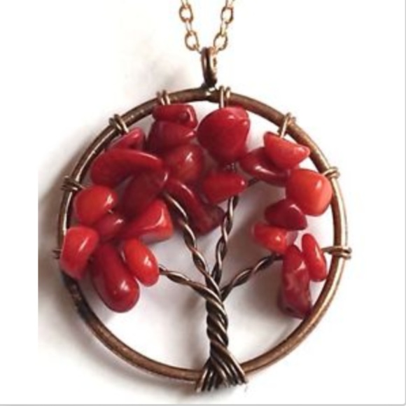 Red Coral Gemstone Chip Tree of Life Necklace 20" Celtic Rose Gold Copper Plated - Picture 5 of 8